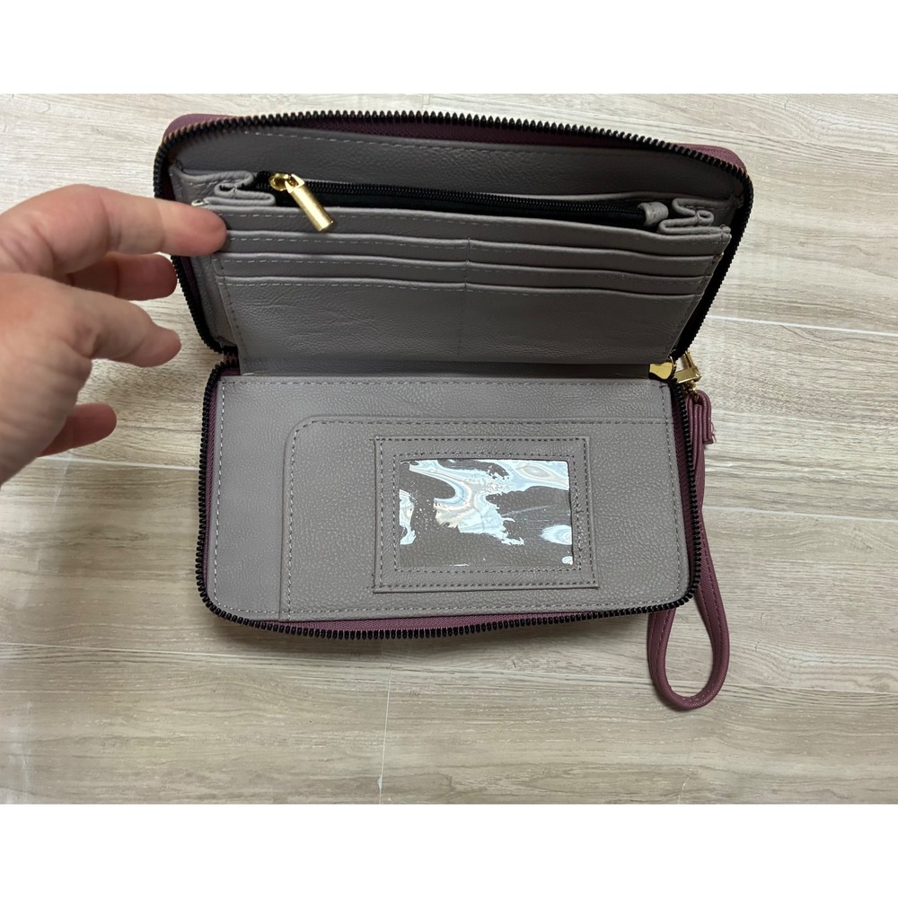 Betsey Johnson Bow Zip Around Wristlet Wallet Mauve Plum Saffiano Faux Leather - Picture 3 of 7